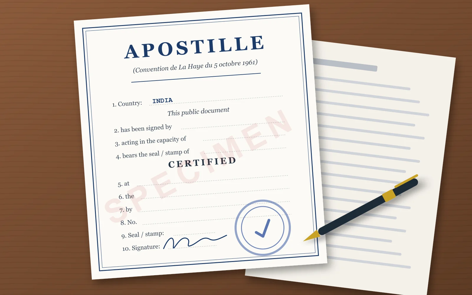 Illustration of a specimen apostille certificate with seal and signature