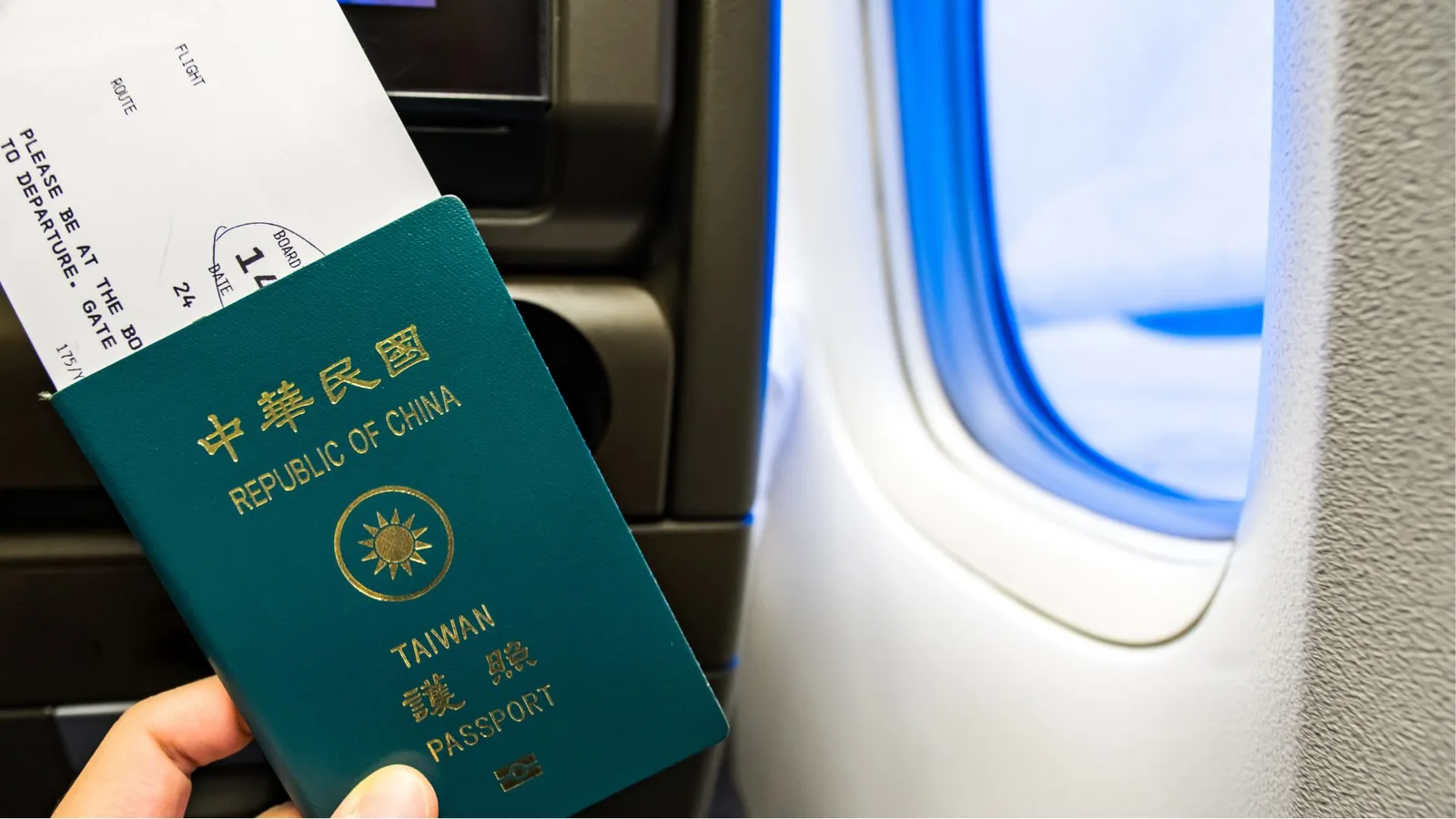 Passport and boarding pass held on board a flight