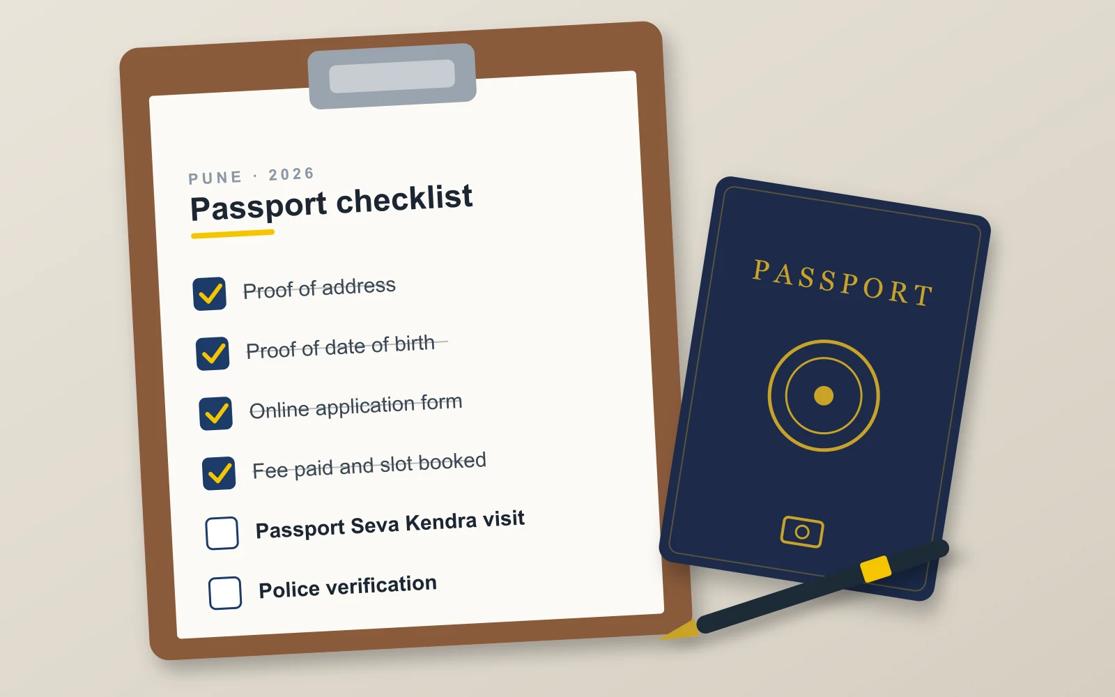 Passport application checklist for Pune: address proof, date of birth proof, online form, fee, Kendra visit and police verification