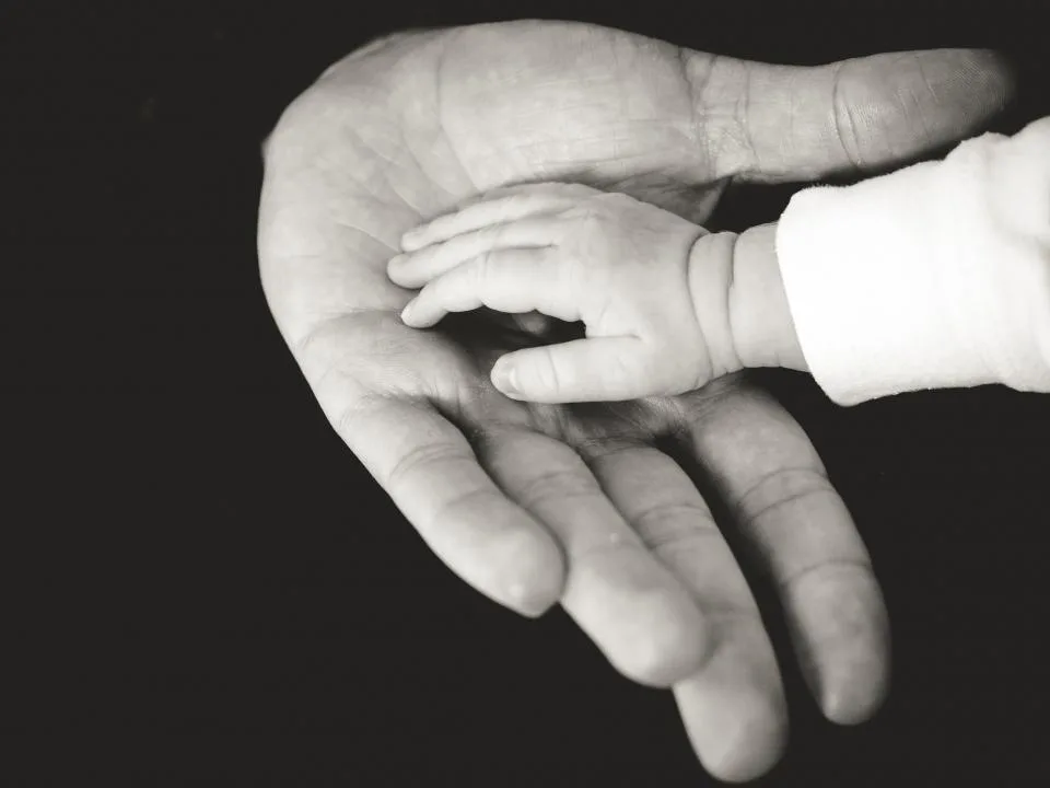 A baby’s hand resting in a parent’s palm