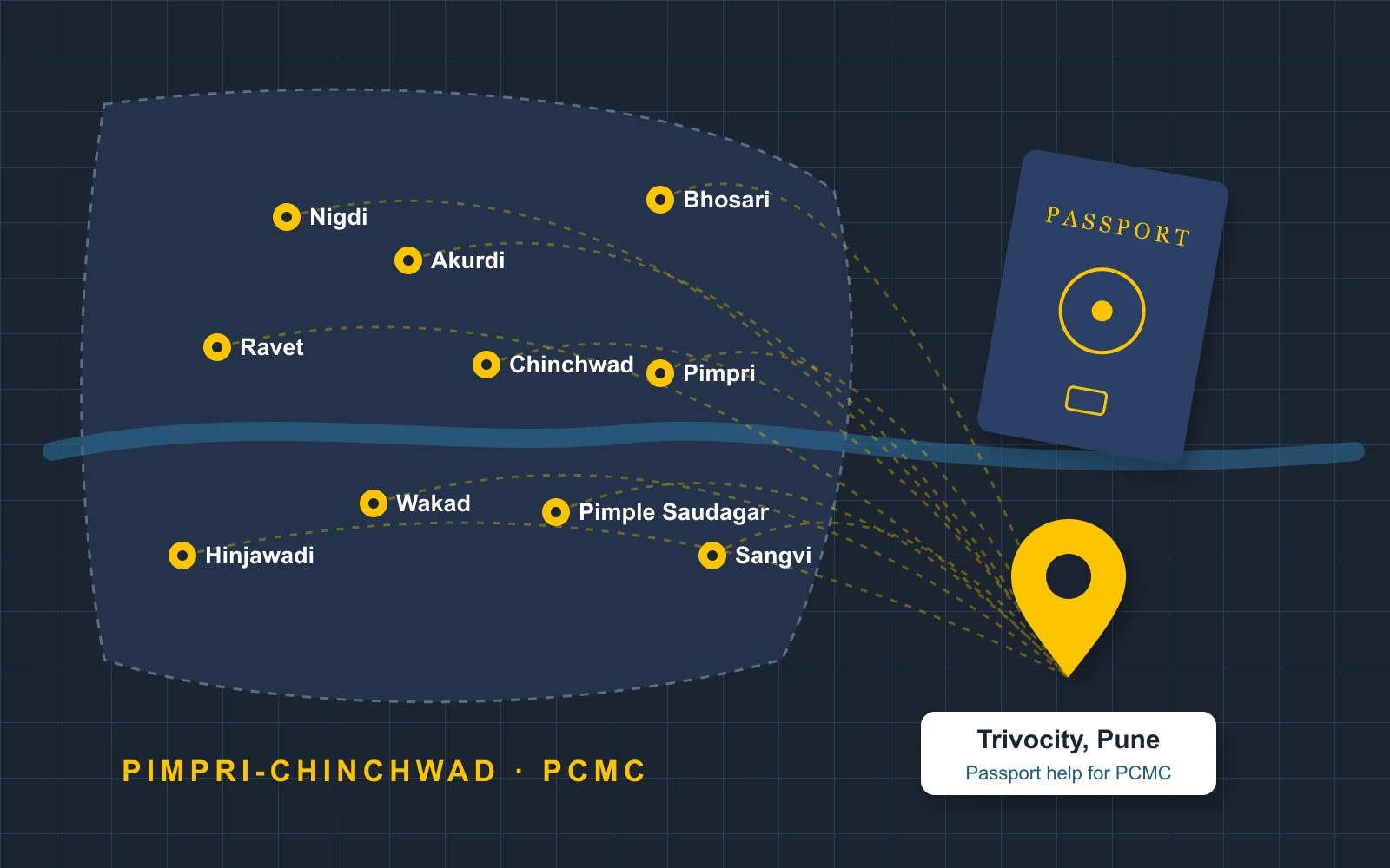 Map of Pimpri-Chinchwad areas including Pimpri, Chinchwad, Nigdi, Wakad, Hinjawadi and Bhosari, served by Trivocity in Pune