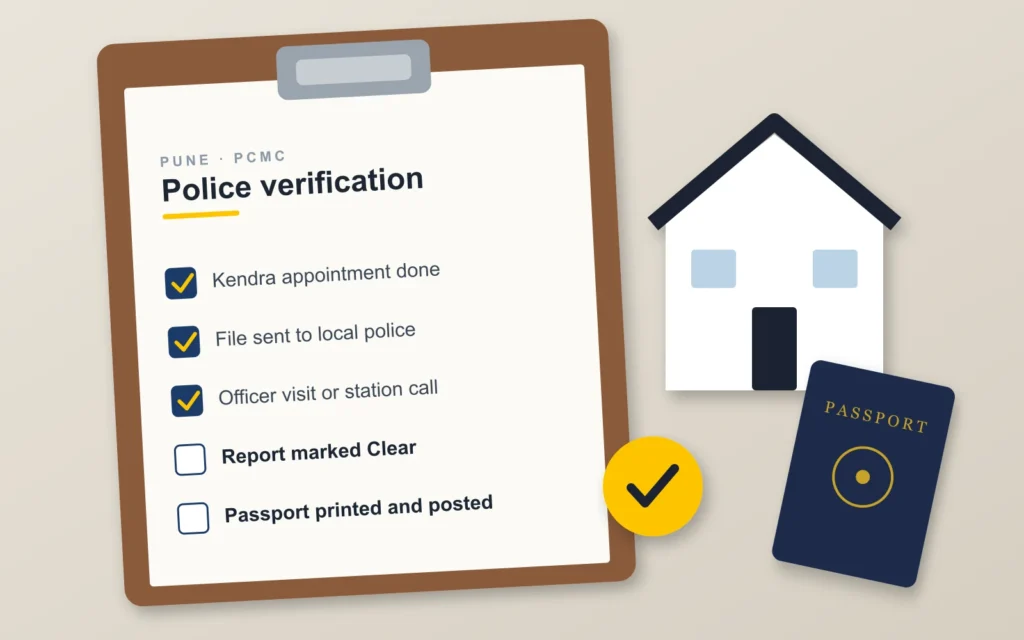 Passport police verification checklist for Pune and PCMC: appointment, file sent to police, officer visit, report and dispatch